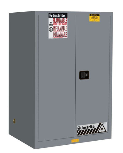 Justrite Sure-Grip Ex Flammable Safety Cabinet - Cap. 90 Gallons - 2 Shelves - 2 Self-Close Doors - Gray - 899023