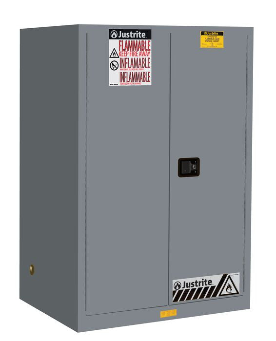 Justrite Sure-Grip Ex Flammable Safety Cabinet - Cap. 90 Gallons - 2 Shelves - 2 Self-Close Doors - Gray - 899023