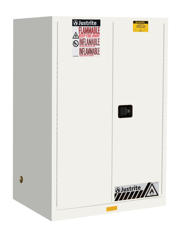 Justrite Sure-Grip Ex Flammable Safety Cabinet - Cap. 90 Gallons - 2 Shelves - 2 Self-Close Doors - White - 899025