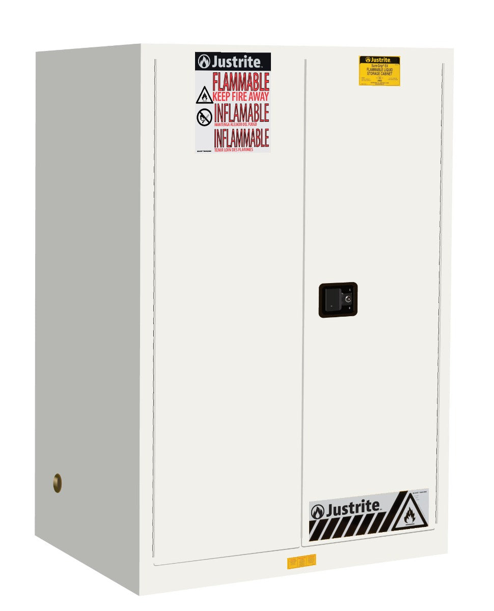 Justrite Sure-Grip Ex Flammable Safety Cabinet - Cap. 90 Gallons - 2 Shelves - 2 Self-Close Doors - White - 899025