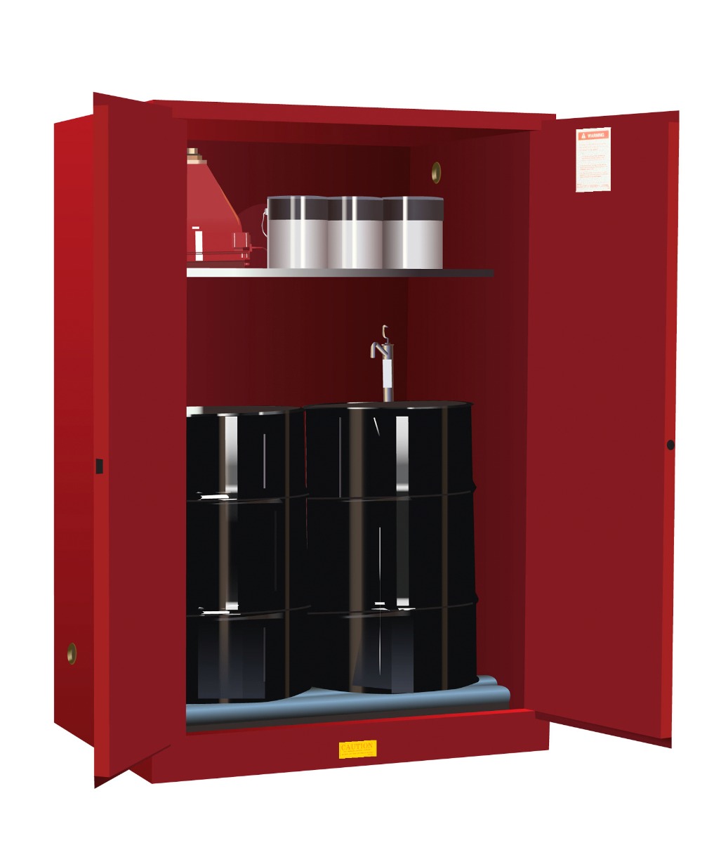 Justrite Sure-Grip Ex Vertical Drum Safety Cabinet And Drum Rollers - Cap. 60 Gal. - 1 Shlf - 2 M/C Doors - Red - 899061