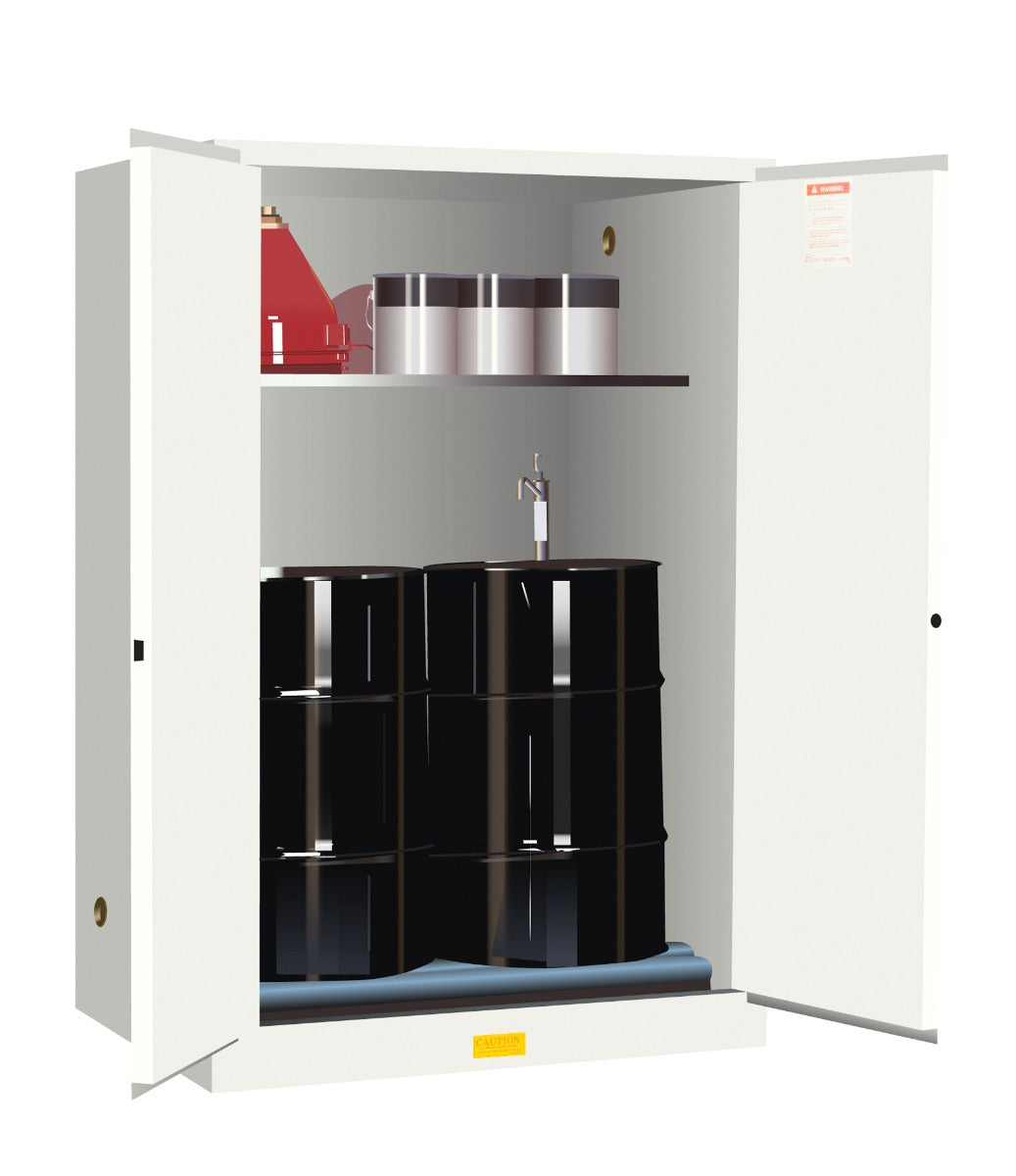 Justrite Sure-Grip Ex Vertical Drum Safety Cabinet And Drum Rollers - Cap. 60 Gal. - 1 Shlf - 2 M/C Doors - White - 899065