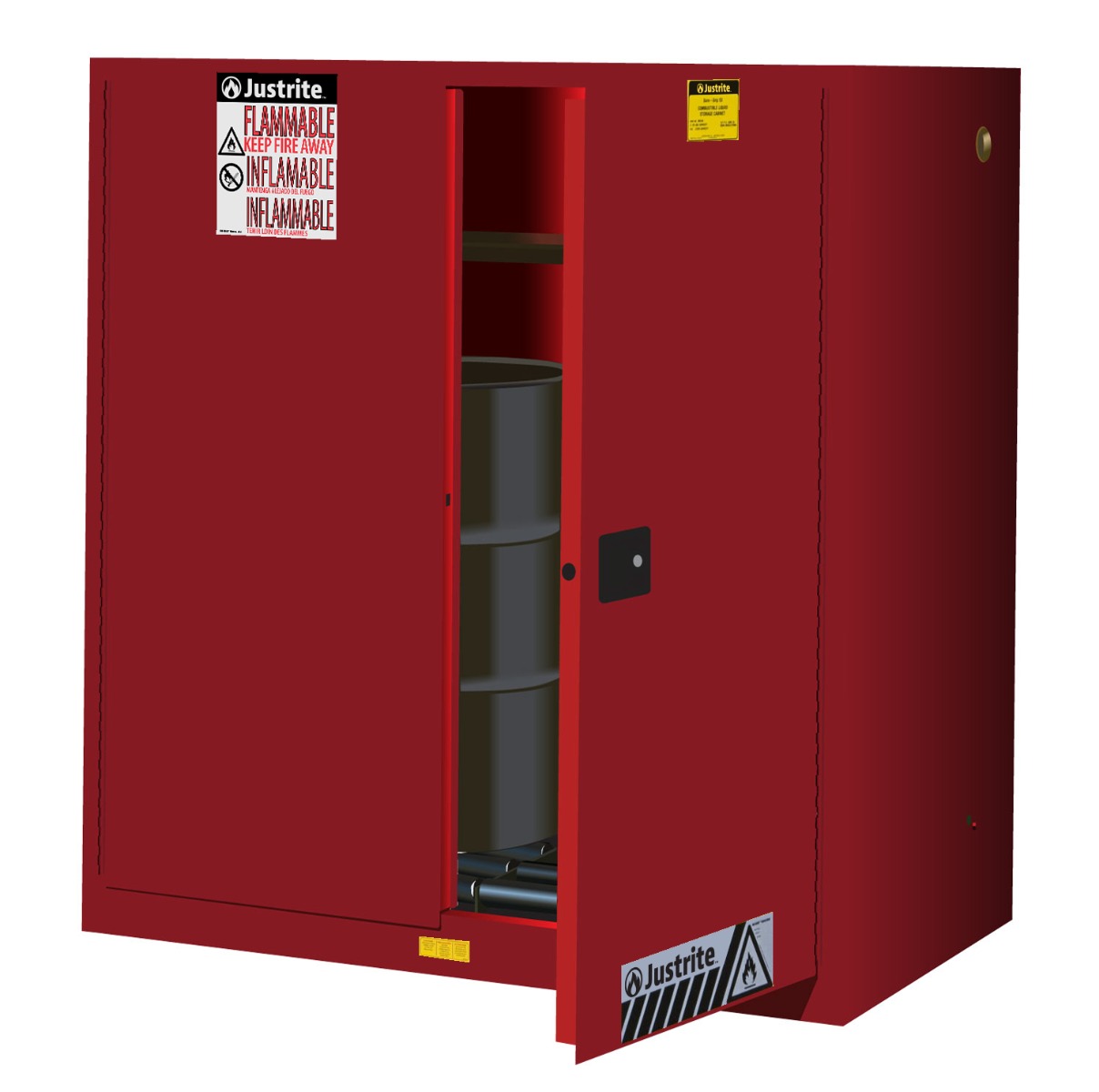 Justrite Sure-Grip Ex Vertical Drum Safety Cabinet And Drum Rollers - Cap. 60 Gal. - 1 Shlf - 2 S/C Doors - Red - 899071