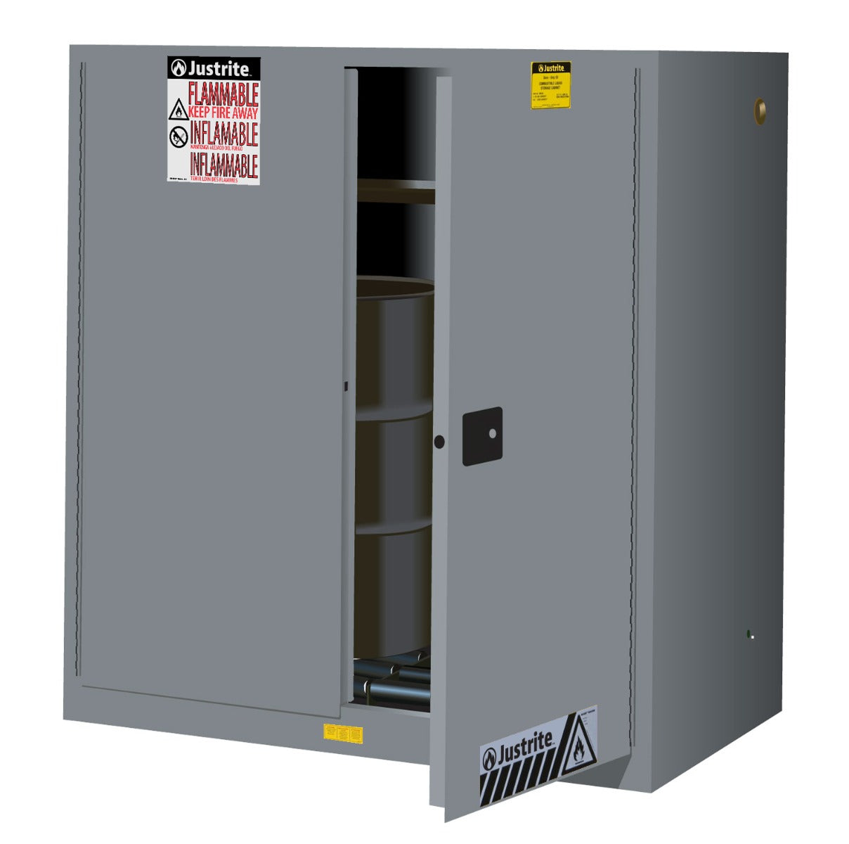 Justrite Sure-Grip Ex Vertical Drum Safety Cabinet And Drum Rollers - Cap. 60 Gal - 1 Shlf - 2 S/C Doors - Gray - 899073