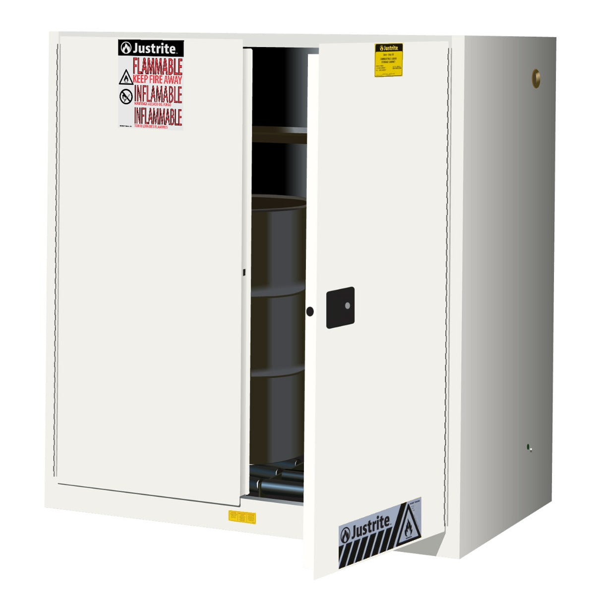 Justrite Sure-Grip Ex Vertical Drum Safety Cabinet And Drum Rollers - Cap. 60 Gal. - 1 Shlf - 2 S/C Doors - White - 899075