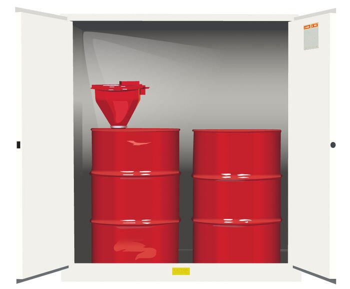 Justrite Sure-Grip Ex Vertical Drum Safety Cabinet And Drum Support - Cap. 110 Gal. - 1 Shlf - 2 M/C Drs - Wht. White - 899105