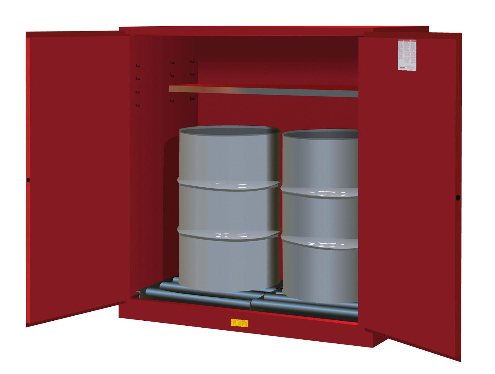 Justrite Sure-Grip Ex Vertical Drum Safety Cabinet And Drum Rollers - Cap. 110 Gal. - 1 Shlf - 2 M/C Drs - Red. Red - 899161