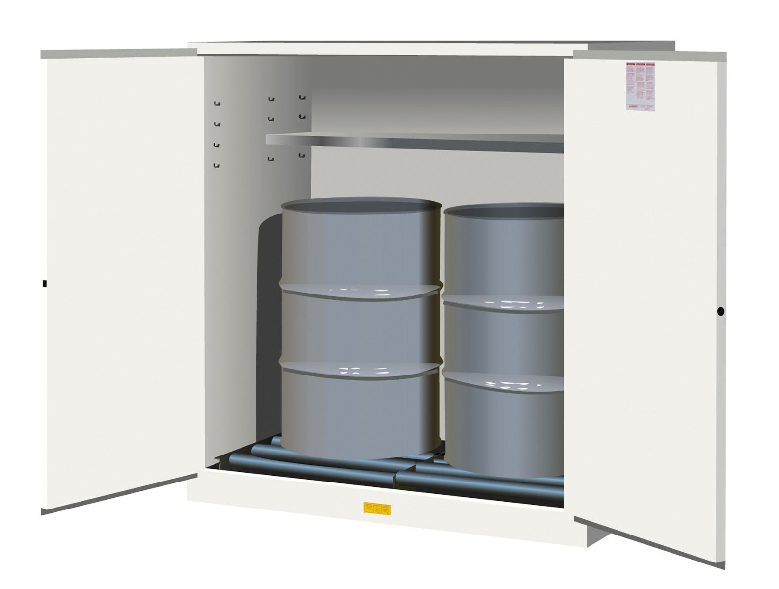 Justrite Sure-Grip Ex Vertical Drum Safety Cabinet And Drum Rollers - Cap. 110 Gal. - 1 Shlf - 2 M/C Drs - Whte. White - 899165