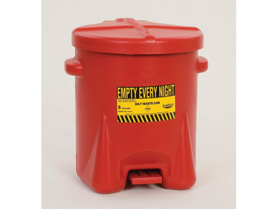 Justrite Poly Oily Waste Can - 6 Gallon - Hands-free Operation - Self Close - Red - 933FL