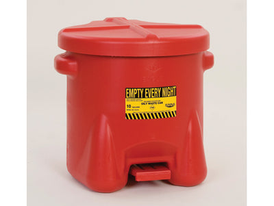 Justrite Poly Oily Waste Can - 10 Gallon - Hands-free Operation - Self Close - Red - 935FL