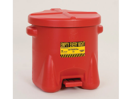 Eagle Poly Oily Waste Can -  10 Gallon - Hands-free Operation - Self Close - Red - 935FL