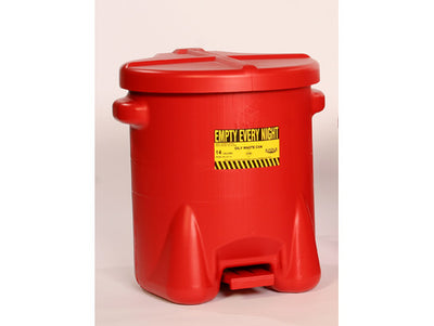 Justrite Poly Oily Waste Can - 14 Gallon - Hands-free Operation - Self Close - Red - 937FL