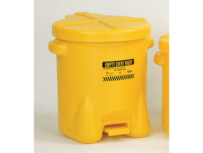 Justrite Poly Oily Waste Can - 14 Gallon - Hands-free Operation - Self Close - Yellow - 937FLY