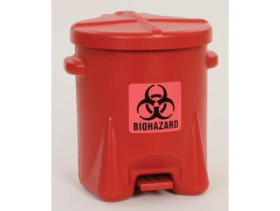Justrite Biohazardous Poly Waste Can - 6 Gallon - Foot-Operated - Red - 943BIO