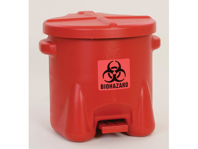 Justrite Biohazardous Poly Waste Can - 10 Gallon - Foot-Operated - Red - 945BIO