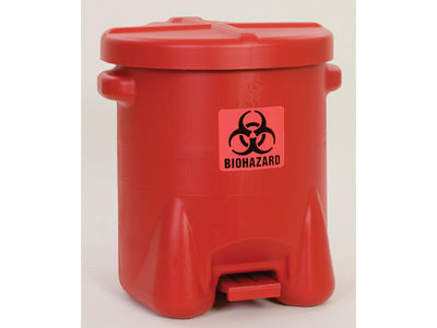 Justrite Biohazardous Poly Waste Can - 14 Gallon - Foot-Operated - Red - 947BIO