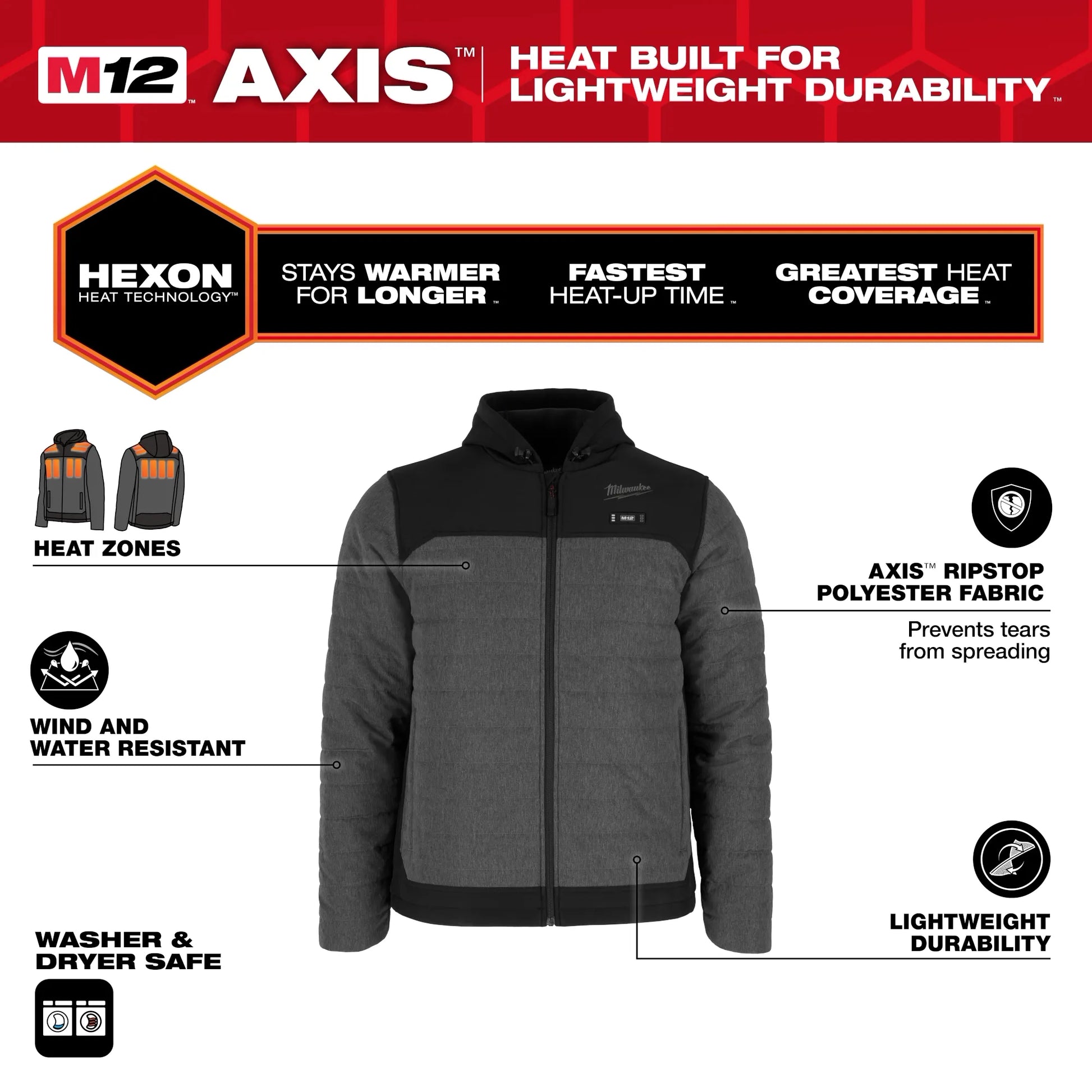 Milwaukee Tools M12 Heated Axis Jacket - Complete Kit (Includes Battery) - Gray - M102G-21