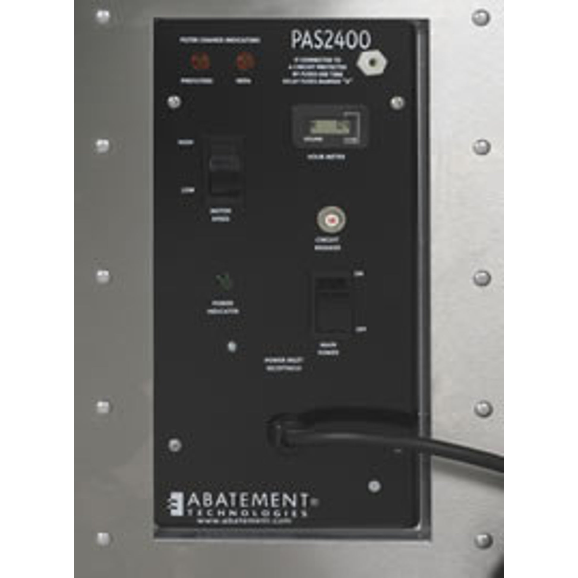 Modular Control Panel
Everything you need to operate the PAS2400 is conveniently located
in one location.

Control Panel Features:

    Speed control switch
    Green ‘Unit On’ indicator lamp
    ‘Replace Pre-filter’ indicator lamp
    ‘Replace HEPA’ indicator lamp
    GFCI-protected
    Hour meter