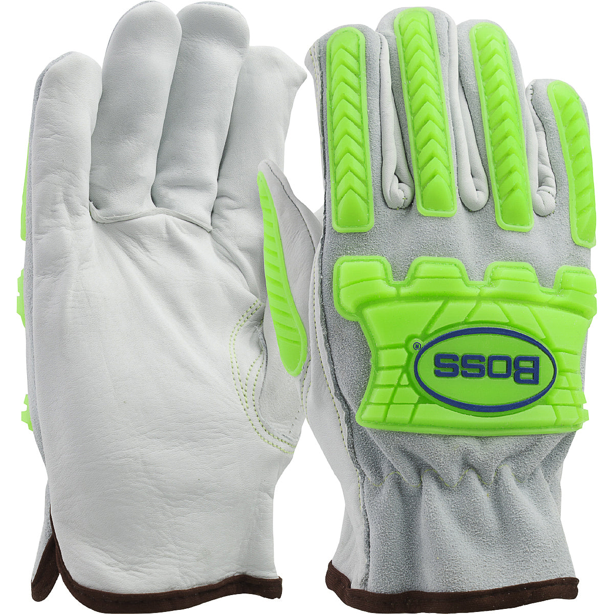 Boss Top Grain Leather Drivers Glove w/Split Cowhide Back  Kevlar Stitching & Hi-Vis Impact TPR - Cotton Liner - Natural - 12/PR - 997KBC