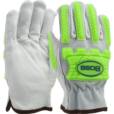 Boss Top Grain Leather Drivers Glove w/Split Cowhide Back Kevlar Stitching & Hi-Vis Impact TPR - Cotton Liner - Natural - 12/PR - 997KBC