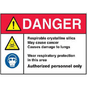 RESPIRABLE CRYSTALLINE SILICA. MAY CAUSE CANCER WITH PICTO - SILICA DANGER SIGN - RESPIRABLE CRYSTALLINE SILICA. MAY CAUSE CANCER WITH PICTO - SILICA DANGER SIGN, 14X20, Adhesive Vinyl