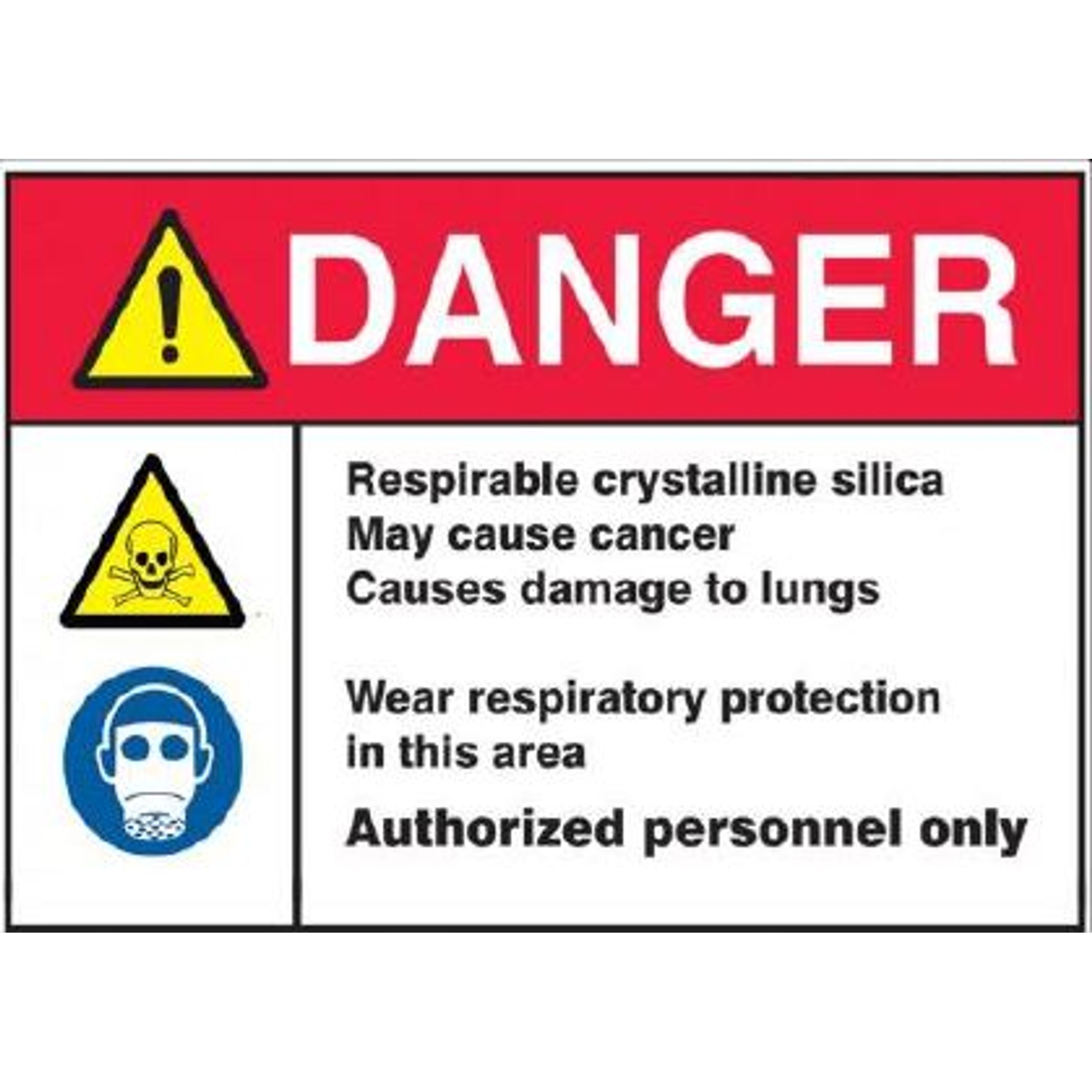 RESPIRABLE CRYSTALLINE SILICA. MAY CAUSE CANCER WITH PICTO - SILICA DANGER SIGN - RESPIRABLE CRYSTALLINE SILICA. MAY CAUSE CANCER WITH PICTO - SILICA DANGER SIGN, 14X20, Adhesive Vinyl