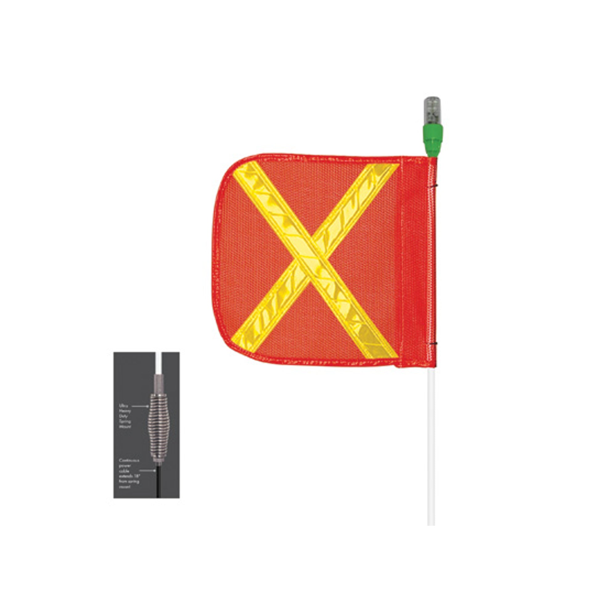 Warning Whip - Heavy Duty - 10' - 16" Orange Flag - Yellow X - Flashing Green LED - Heavy Pigtail - AP1016OY12PT
