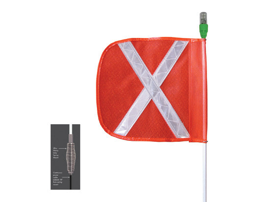 Warning Whip - Heavy Duty - 8' - 12" Orange Flag - White X - Flashing Red LED - Heavy Pigtail - AP812OW10PT