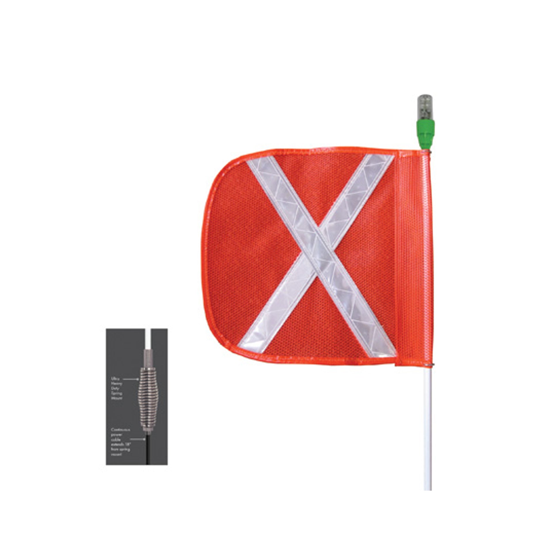 Warning Whip - Heavy Duty - 8' - 12" Orange Flag - White X - Flashing Blue LED - Heavy Pigtail - AP812OW6PT