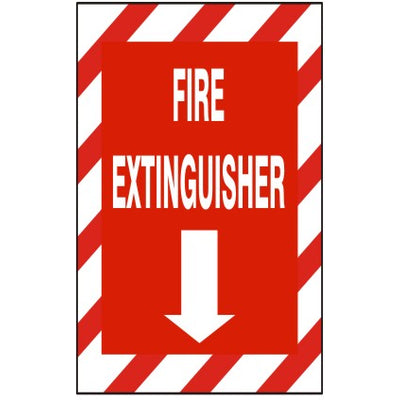 FIRE EXTINGUISHER WITH  DOWN ARROW  WITH  RED & WHT STRIPE BORDER - FIRE EXTINGUISHER WITH  DOWN ARROW  WITH  RED & WHT STRIPE BORDER, 14X10, Plastic (.040)