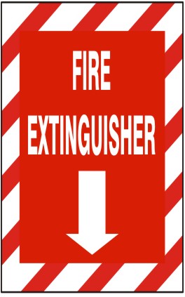 FIRE EXTINGUISHER WITH DOWN ARROW WITH RED & WHT STRIPE BORDER