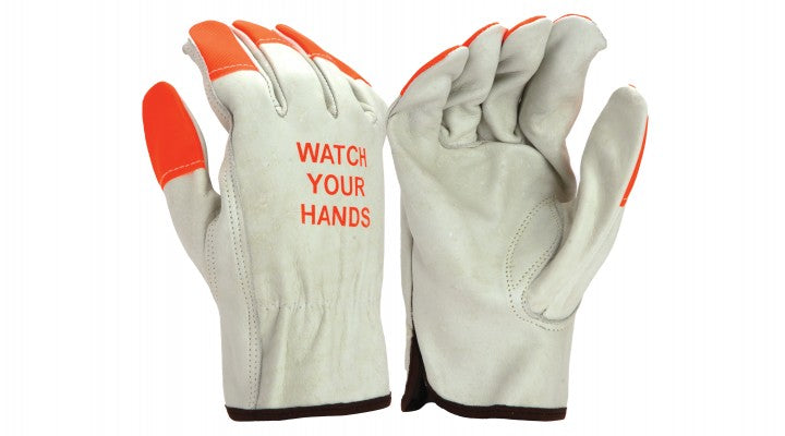 Pyramex-Value Grain Cow Driver Keystone W/ Hi-Viz Orange Finger Tips And Watch Your Hands" Logo
