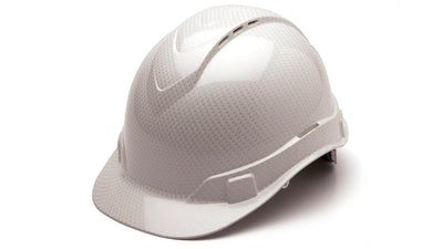 Pyramex Ridgeline Cap Style Vented Hard Hat Shiny White Graphite Pattern Vented 4 Pt Ratchet Suspension