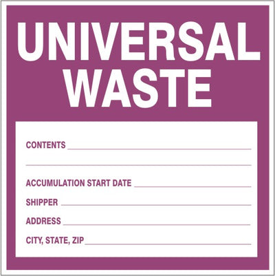 UNIVERSAL WASTE CONTENTS ACCUMULATION START DATE SHIPPER ADDRESS CITY STATE