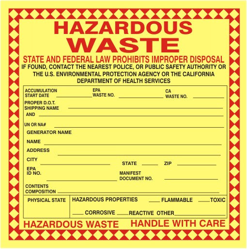 HAZARDOUS WASTE STATE AND FEDERAL LAW PROHIBITS IMPROPER DISPOSAL CALIFORNIA - HAZARDOUS WASTE STATE AND FEDERAL LAW PROHIBITS IMPROPER DISPOSAL CALIFORNIA, 6X6, Adhesive Vinyl