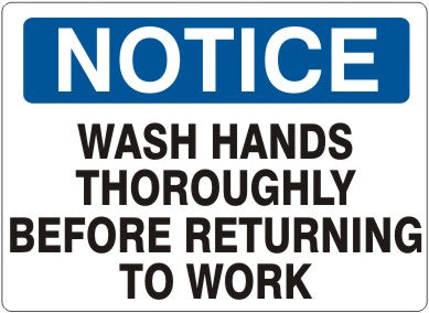 WASH HANDS THOROUGHLY BEFORE RETURNING TO WORK - NOTICE SIGN