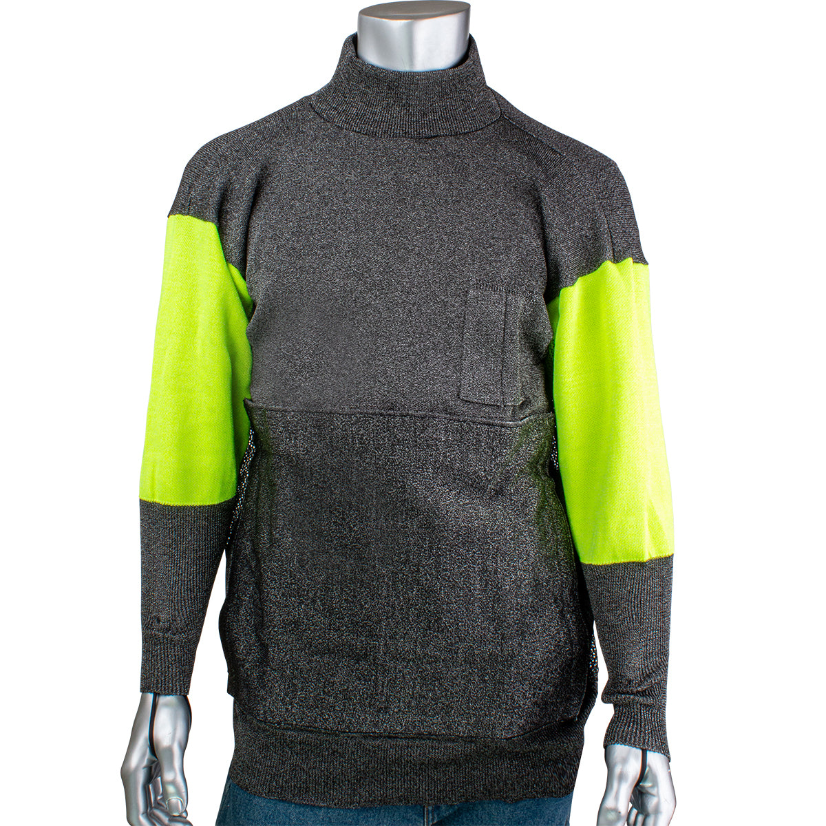 Kut Gard ATA PreventWear Blended Cut Resistant Pullover w/Removable Belly Patch  Hi-Vis Sleeves & Thumb Loops - Dark Gray - 1/EA - P190BP-PP1-TL