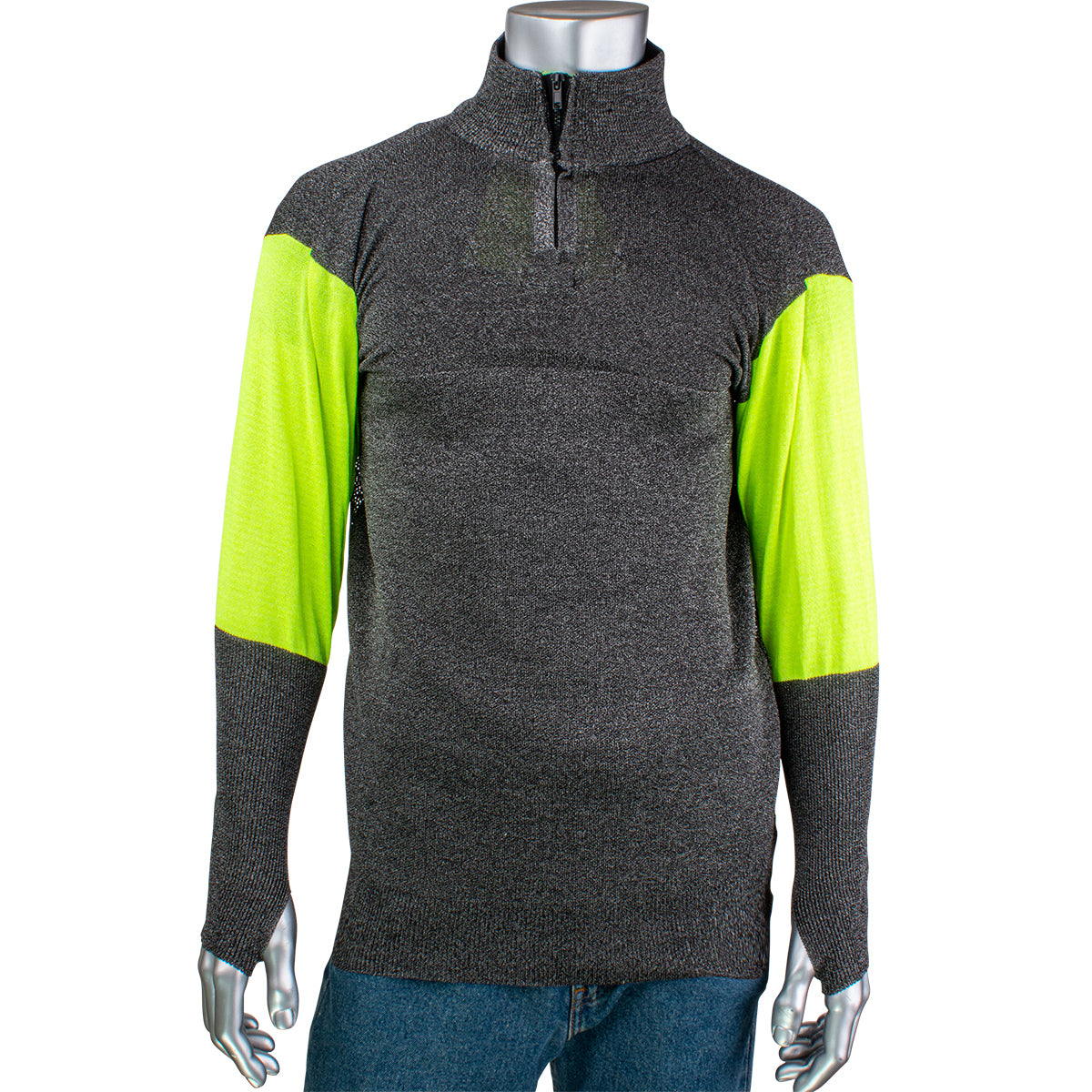 Kut Gard ATA PreventWear Blended Cut Resistant 1/4 Zip Pullover w/Hi-Vis Sleeves & Thumb Holes - Dark Gray - 1/EA - PJG145-3CM-HVB-TH