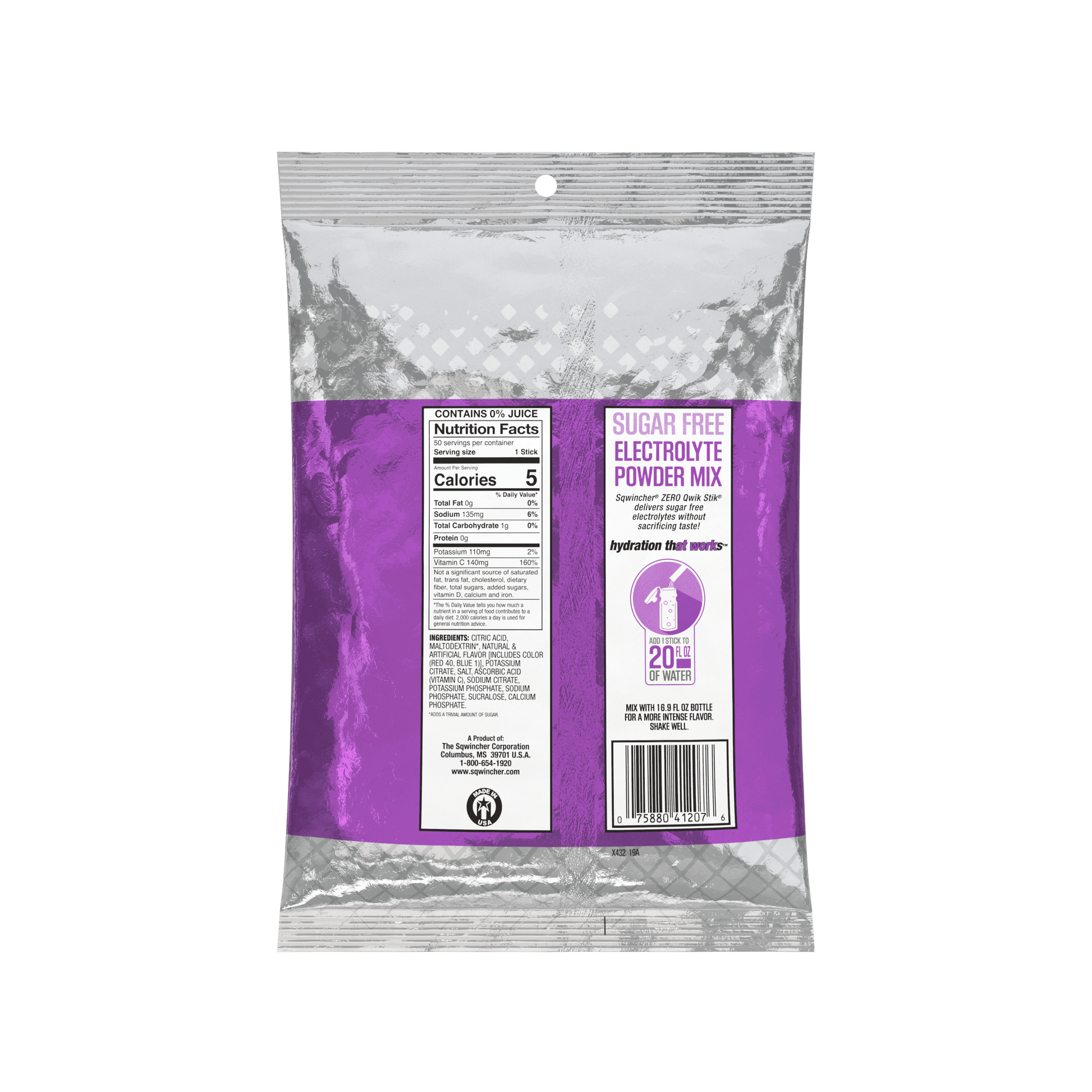 Sqwincher Qwik Stik Zero Sugar Free Single Serve 20 oz Yield Packs - Grape - 50/Bag - 159060107