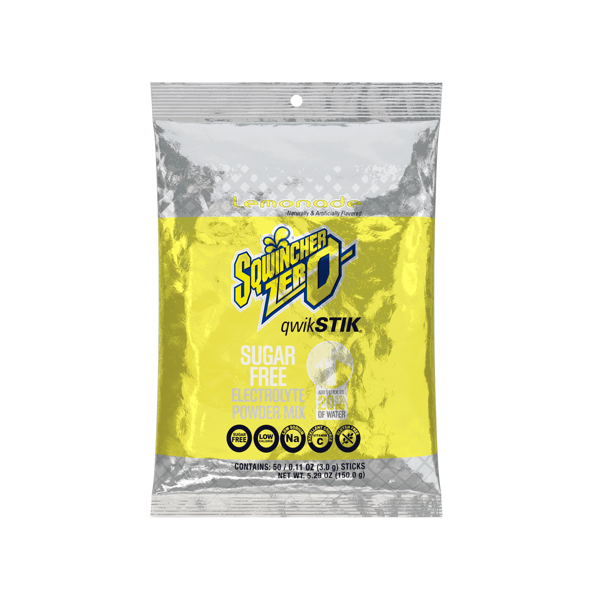 Sqwincher Qwik Stik Zero Sugar Free Single Serve 20 oz Yield Packs - Lemonade - 50/Bag - 159060103