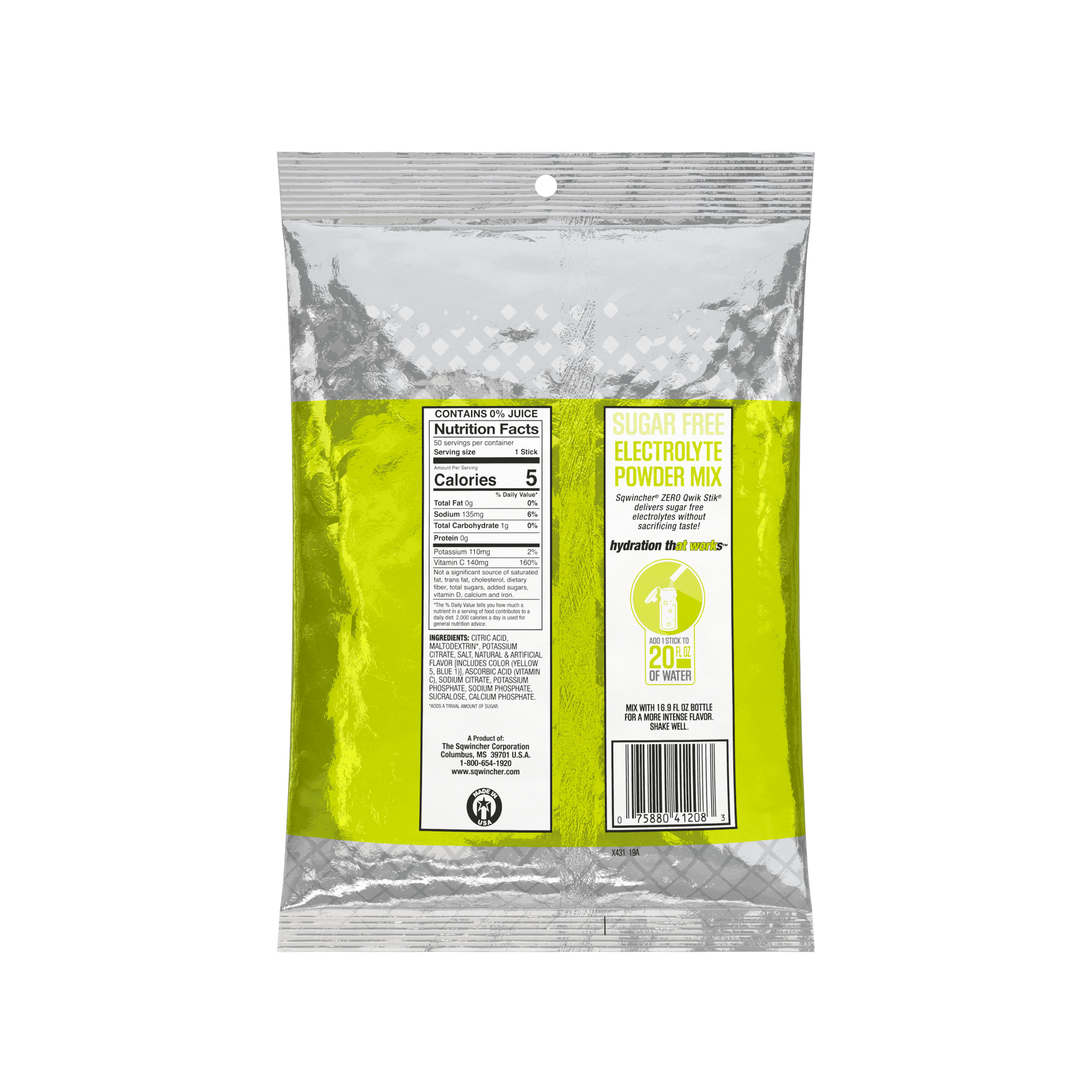 Sqwincher Qwik Stik Zero Sugar Free Single Serve 20 oz Yield Packs - Lemon Lime - 50/Bag - 159060106