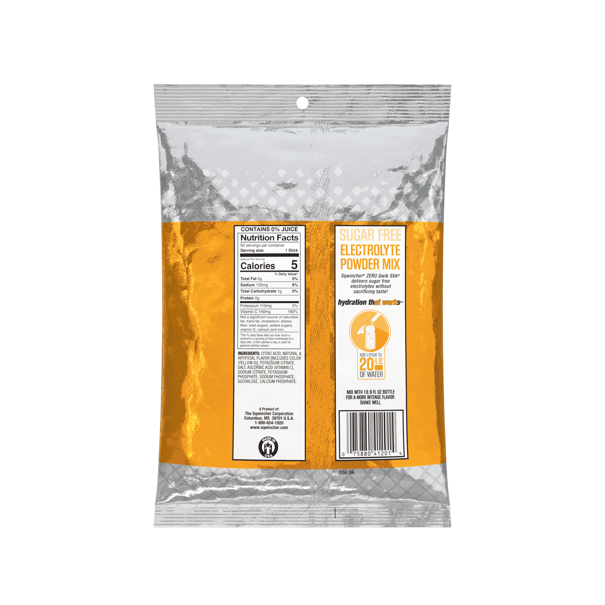 Sqwincher Qwik Stik Zero Sugar Free Single Serve 20 oz Yield Packs - Orange - 50/Bag - 159060100