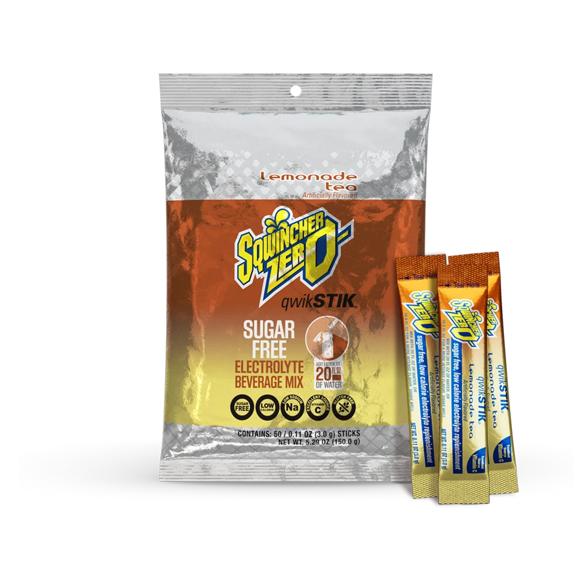 Sqwincher Qwik Stik Zero Sugar Free Single Serve 20 oz Yield Packs - Lemonade Tea - 50/Bag -159060098
