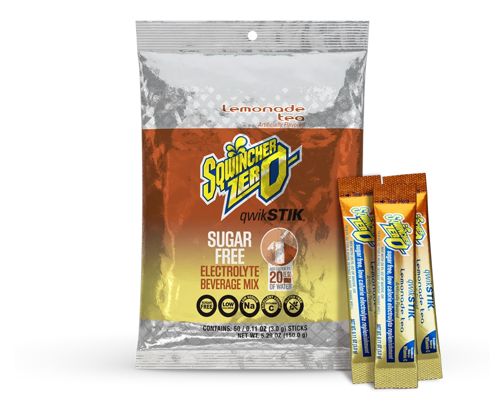 Sqwincher Qwik Stik Zero Sugar Free Single Serve 20 oz Yield Packs - Lemonade Tea - 50/Bag -159060098