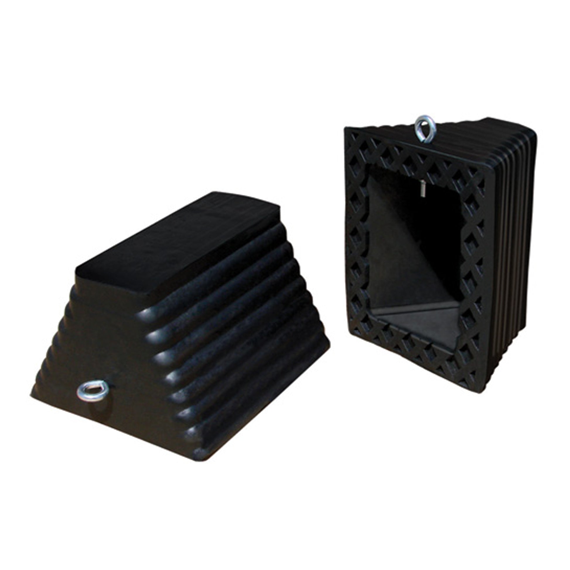 Wheel Chock - General Purpose - Rubber - 11.5" X 10" X 7.25" - Ribbed - Pyramid - Eyebolt - Black - RC915