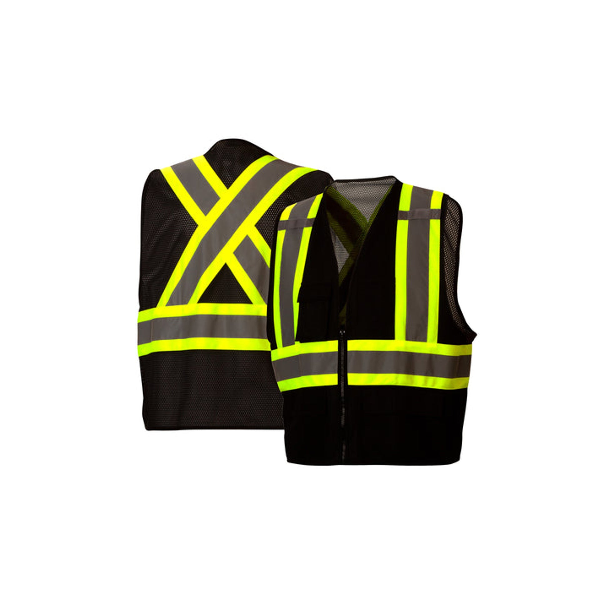 Pyramex-Black Vest Solid Material Front & Mesh Back 2" Reflective Striping W/ Contrast Trim