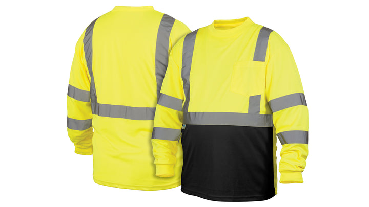 Pyramex - T-Shirt - Hi-Viz Lime Long Sleeve T-Shirt Lightweight Polyester Moisture Wicking W/ 2" Reflective Striping & Black Bottom
