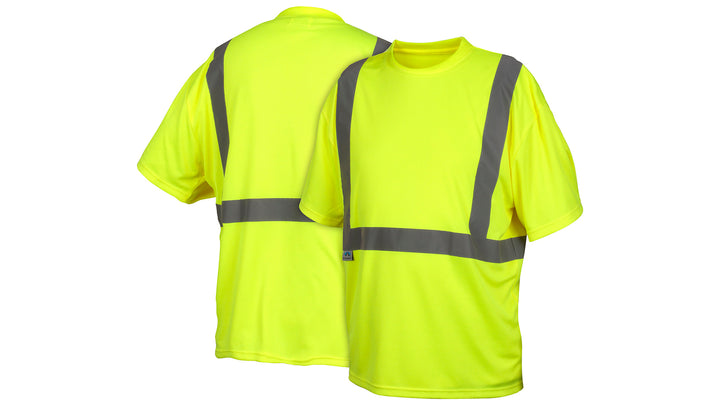 Pyramex - T-Shirt - Hi-Viz Lime - No Pocket Lightweight Polyester Moisture Wicking W/ 2" Reflective Striping