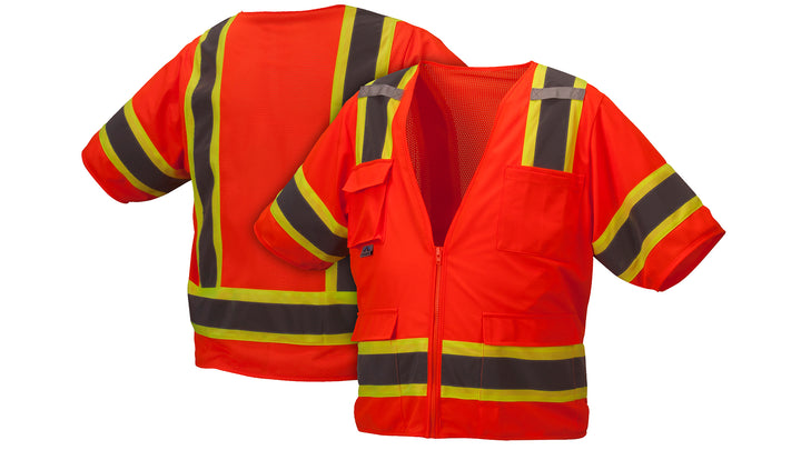 Pyramex - Vest - Hi-Viz Orange - Zipper Front Closure Class 3 W/2" Reflective Striping & 4" Contrast Trim