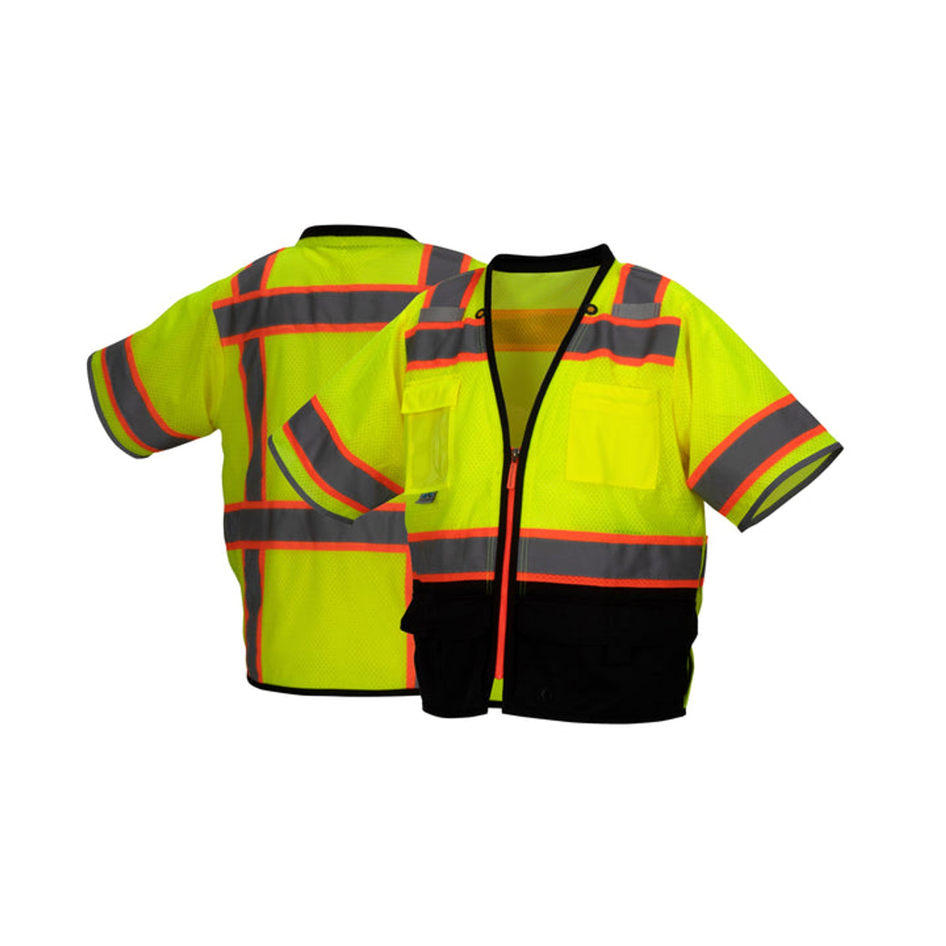 Pyramex- Class 3 Solid And Mesh Surveyor Vest- Contrast Tape & Padded Collar - Hi-Viz Lime